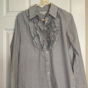 Banana Republic Women's Tattersall Ruffle Collar Button Down Shirt Gray Medium